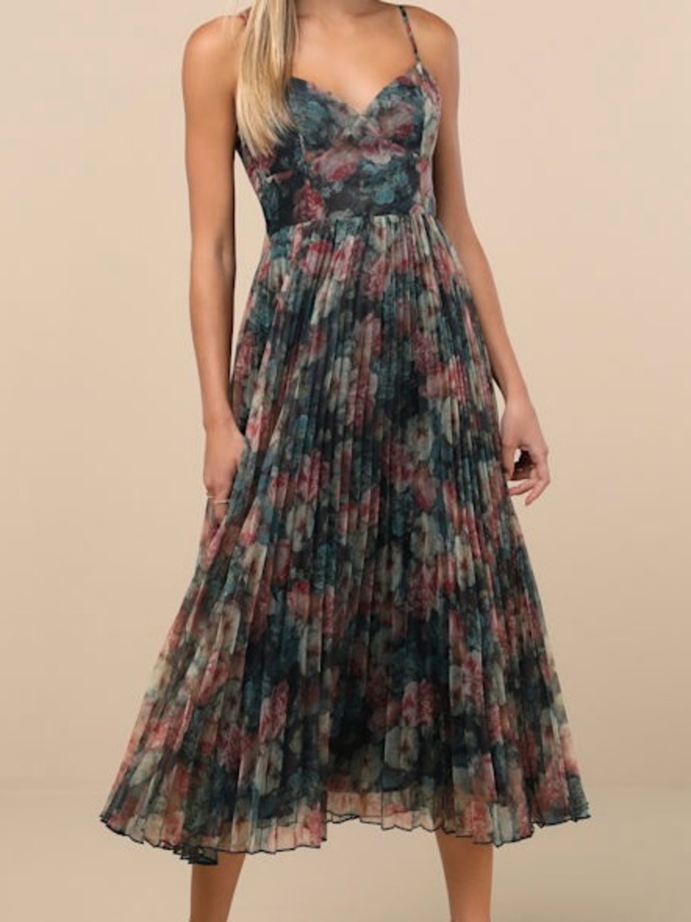 Lulus NEW Alondra Dark Green Multi Floral Pleated Midi Dress Size XS